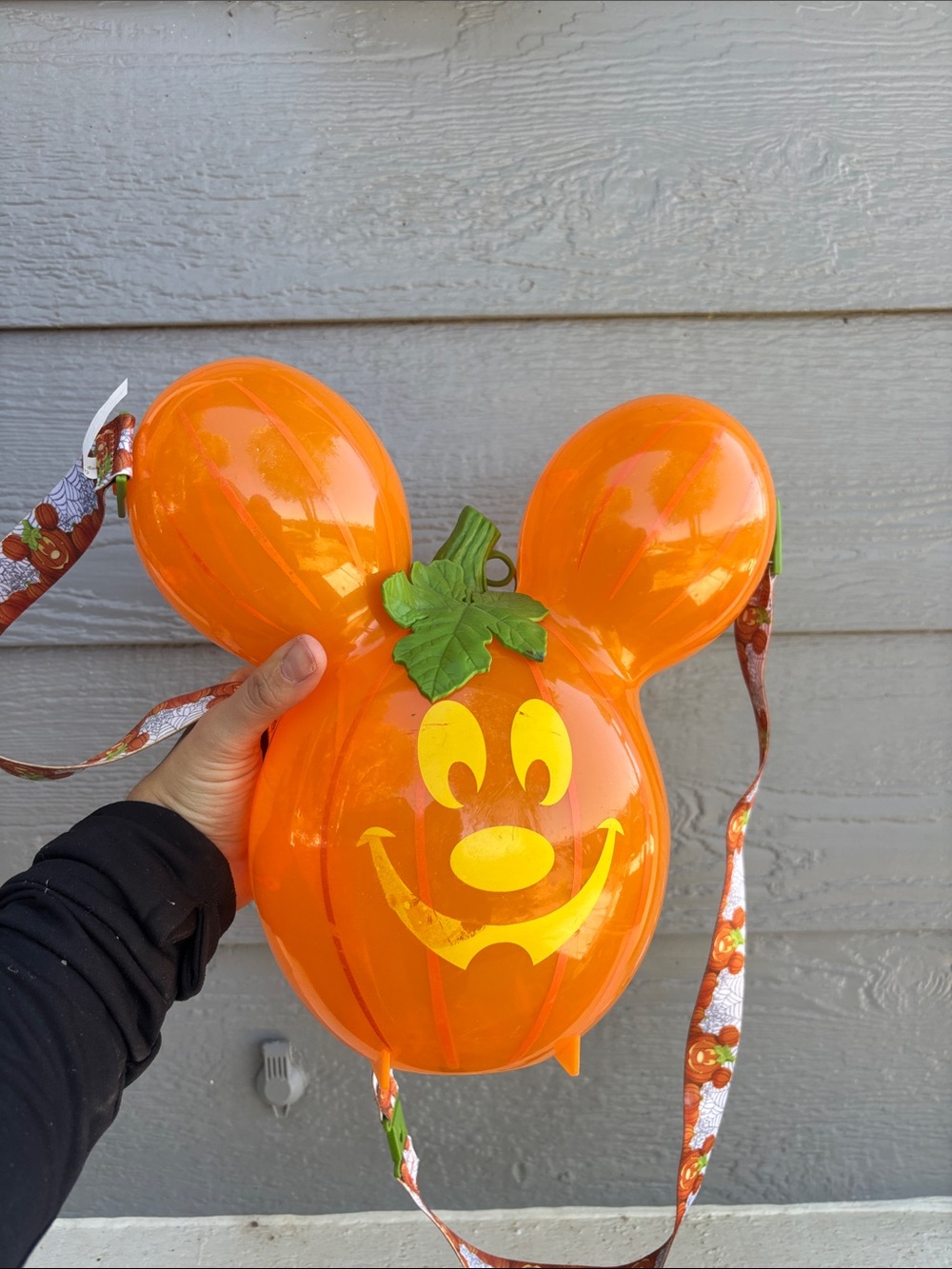 Disney Orange Pumpkin Mickey Treat Bucket with Green Leaf Accent